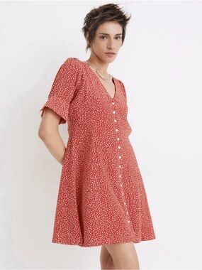 Madewell Red Mini Button-Front Floral Dress